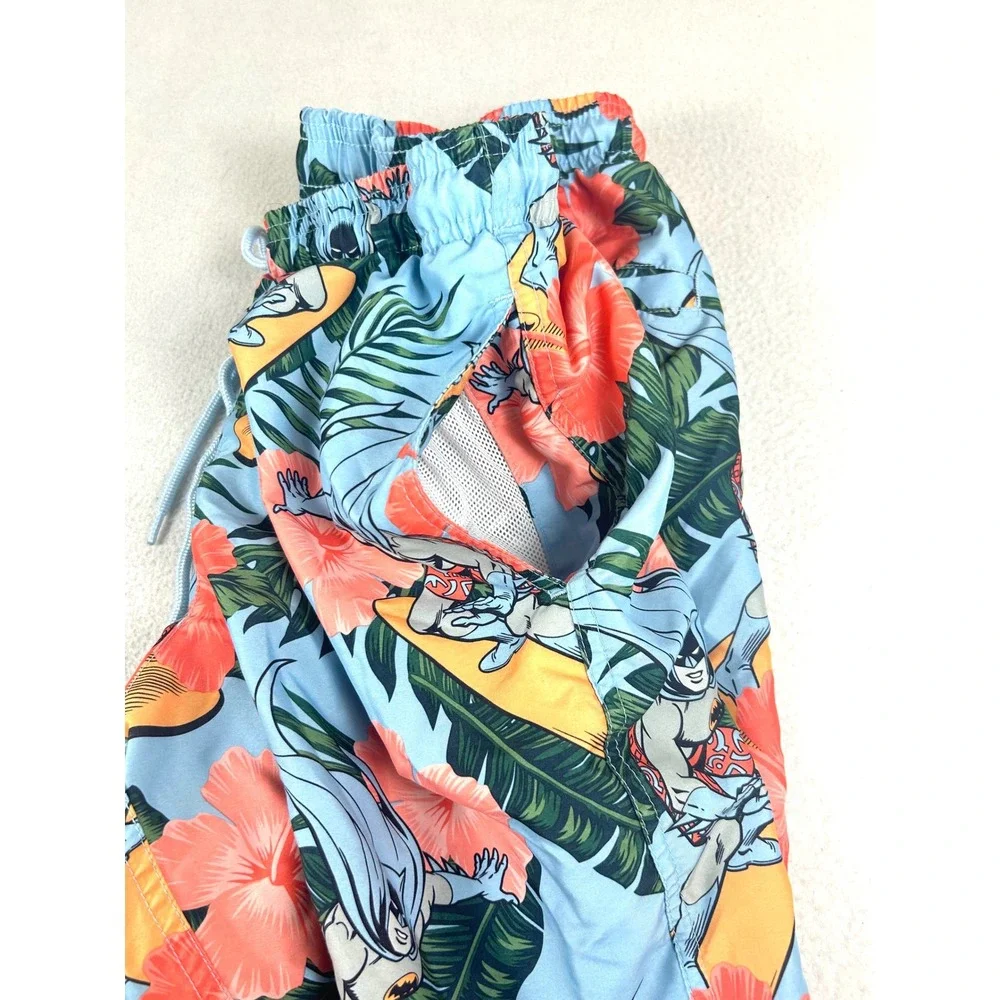 DC Comics Swim Trunks Kids XL 12/14 Blue Batman Surf Floral Tropical Superhero